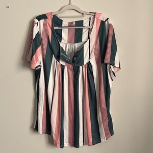 Striped Scoop Neck Short Sleeve Top in Pink, Green & White